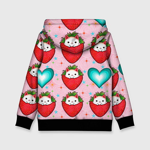 Детская толстовка Котик клубничка и сердца узор / 3D-Черный – фото 2
