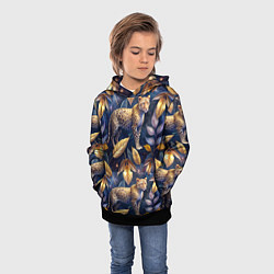 Толстовка-худи детская Леопард с золотыми листьями паттерны, цвет: 3D-черный — фото 2