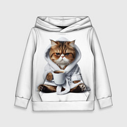 Толстовка-худи детская Котик в халате и кофе, цвет: 3D-белый