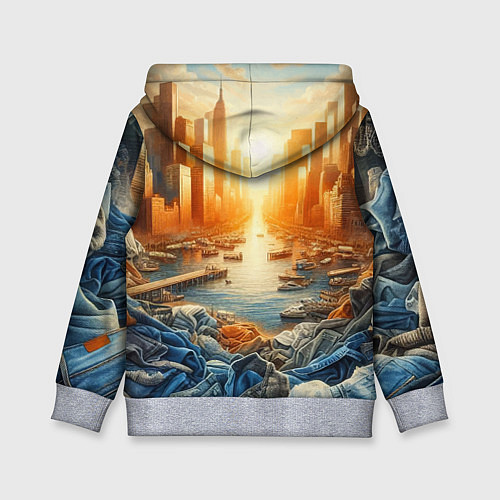 Детская толстовка Нью-Йорк с джинсовыми берегами - нейросеть / 3D-Меланж – фото 2