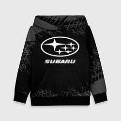 Толстовка-худи детская Subaru speed на темном фоне со следами шин, цвет: 3D-черный