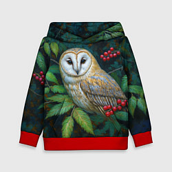 Толстовка-худи детская Сипуха среди листьев и ягод, цвет: 3D-красный