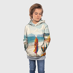 Толстовка-худи детская Летний пейзаж с женщиной на пляже, цвет: 3D-меланж — фото 2