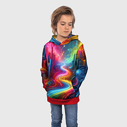 Толстовка-худи детская Неоновый город - нейроарт, цвет: 3D-красный — фото 2