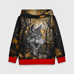 Толстовка-худи детская Благородный волк в осеннем лесу, цвет: 3D-красный