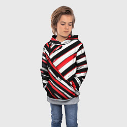 Толстовка-худи детская Красно-белые диагональные полосы на чёрном фоне, цвет: 3D-меланж — фото 2