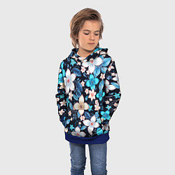 Толстовка-худи детская Сине-белые цветы на чёрном фоне, цвет: 3D-синий — фото 2