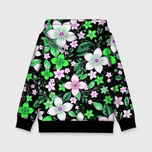 Детская толстовка Зелёно-белые цветы на чёрном фоне / 3D-Черный – фото 2