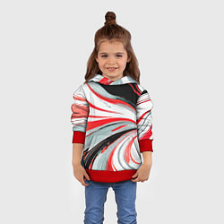 Толстовка-худи детская Волнистые бело-красные линии на чёрном фоне, цвет: 3D-красный — фото 2