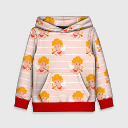 Толстовка-худи детская Полосатый паттерн с милыми купидонами, цвет: 3D-красный