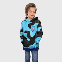 Толстовка-худи детская Черно-зеленый камуфляж и герб РФ, цвет: 3D-синий — фото 2