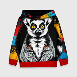 Толстовка-худи детская Лемур на черном, цвет: 3D-красный