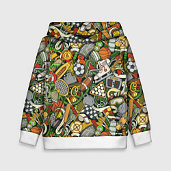 Толстовка-худи детская Спортивный инвентарь коллаж, цвет: 3D-белый