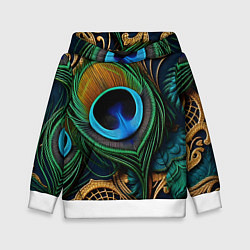 Толстовка-худи детская Узоры и перья павлина, цвет: 3D-белый