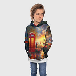 Толстовка-худи детская Пейзаж с красной телефонной будкой, цвет: 3D-белый — фото 2