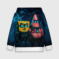 Толстовка-худи детская Спанч Боб и Патрик киберпанк, цвет: 3D-белый