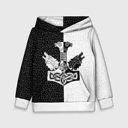 Толстовка-худи детская Волки воины и знак молот тора в рунах, цвет: 3D-белый