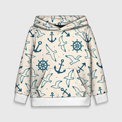 Детская толстовка Морской паттерн из штурвалов, чаек и якорей
