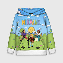 Толстовка-худи детская Nirvana мультяшный стиль на поляне, цвет: 3D-белый