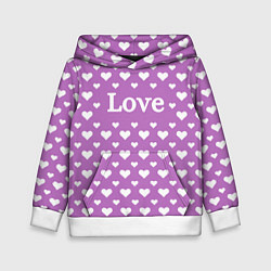 Толстовка-худи детская Love нежный сиреневый с сердечками, цвет: 3D-белый