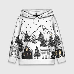 Толстовка-худи детская Заснеженный черно-белый город, цвет: 3D-белый