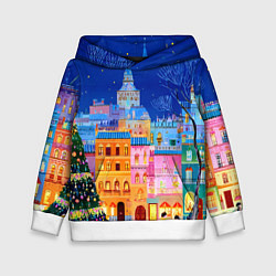 Толстовка-худи детская Разноцветные новогодние домики, цвет: 3D-белый