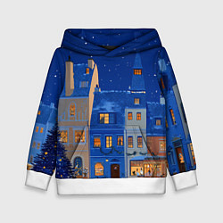 Толстовка-худи детская Синяя новогодняя елочка во дворе, цвет: 3D-белый