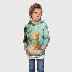 Толстовка-худи детская Милый рыжий котенок любуется елкой, цвет: 3D-белый — фото 2