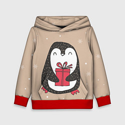 Толстовка-худи детская Пингвин с подарком, цвет: 3D-красный