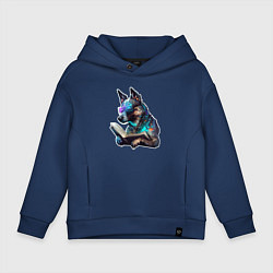 Толстовка оверсайз детская Киберпанк собака с книгой, цвет: тёмно-синий