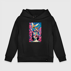 Толстовка оверсайз детская Японская девушка с птицами и цветущей сакурой, цвет: черный