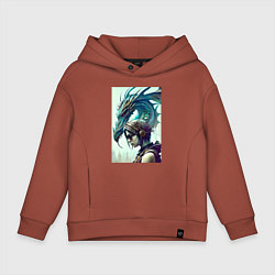 Толстовка оверсайз детская Девчонка в шлеме и дракон - киберпанк, цвет: кирпичный