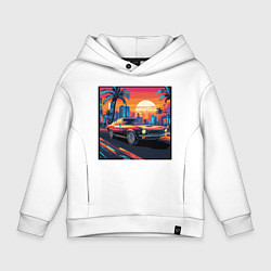 Толстовка оверсайз детская Ретро машина и футуристический город на закате, цвет: белый