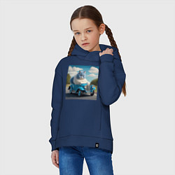 Толстовка оверсайз детская Толстый голубой котик винтажный стиль, цвет: тёмно-синий — фото 2