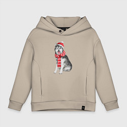 Толстовка оверсайз детская Новогодний хаски, цвет: миндальный