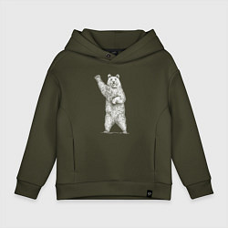 Толстовка оверсайз детская Медведь стоит и машет, цвет: хаки