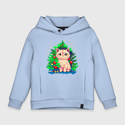 Толстовка оверсайз детская Милый новогодник котик, цвет: мягкое небо