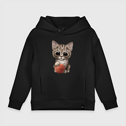 Толстовка оверсайз детская Котик баскетболист, цвет: черный