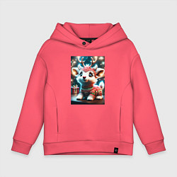 Толстовка оверсайз детская Оленёнок в свитере, цвет: коралловый