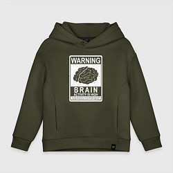 Толстовка оверсайз детская Warning - high brain activity, цвет: хаки