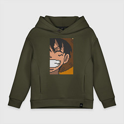 Толстовка оверсайз детская Ван Пис Луффи Монки Д пиксельный, цвет: хаки