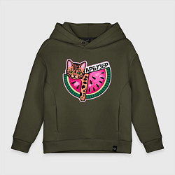 Толстовка оверсайз детская Бенгальский кот арбузер, цвет: хаки