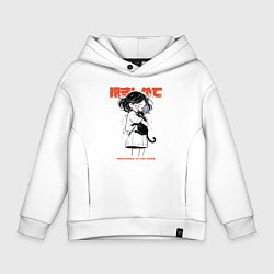 Толстовка оверсайз детская Девочка обнимает кота аниме - счастье, цвет: белый
