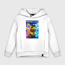 Толстовка оверсайз детская Милый Пикачу в бейсболке - неоновое киберпанк свеч, цвет: белый