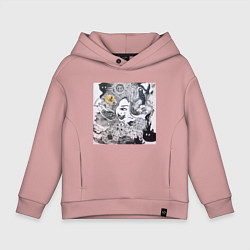 Толстовка оверсайз детская Лицо в абстракционистском стиле и животные, цвет: пыльно-розовый