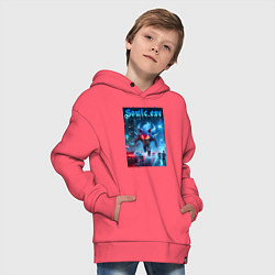 Толстовка оверсайз детская Ёжик монстр в ночном мегаполисе - неоновое свечени, цвет: коралловый — фото 2