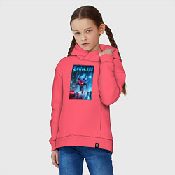 Толстовка оверсайз детская Ёжик монстр в ночном мегаполисе - неоновое свечени, цвет: коралловый — фото 2