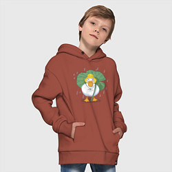 Толстовка оверсайз детская Милая уточка гусь под листом в шляпке в дождь, цвет: кирпичный — фото 2