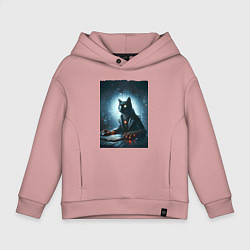 Детское худи оверсайз Кибер кот за компьютером - неоновое свечение