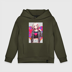 Толстовка оверсайз детская Аниме девочка сердце, цвет: хаки
